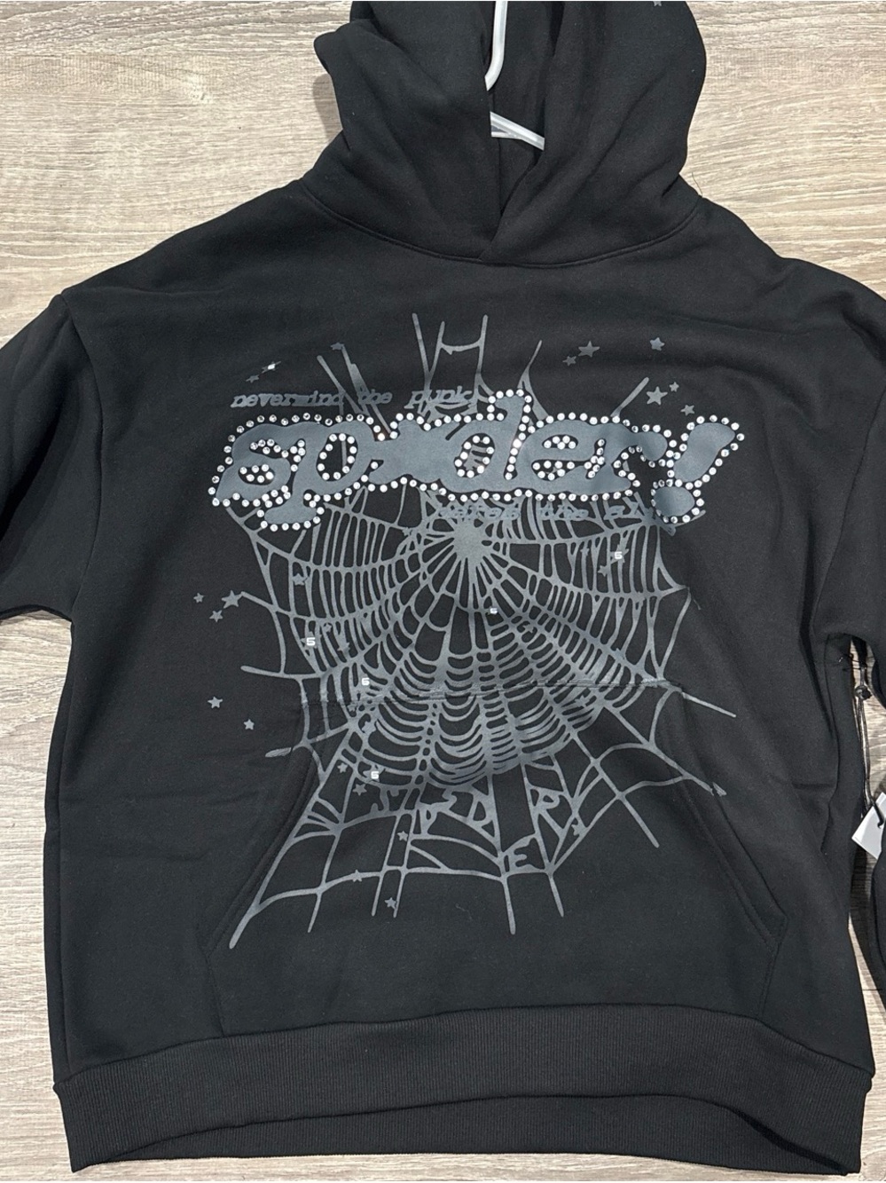 Black Crewneck Hoodie with Studded Web Graphic